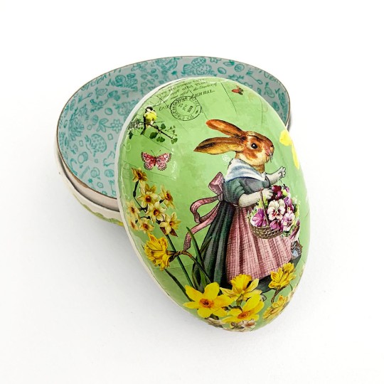 4-1/2" Green Pretty Mrs. Bunny Papier Mache Easter Egg Container ~ Germany